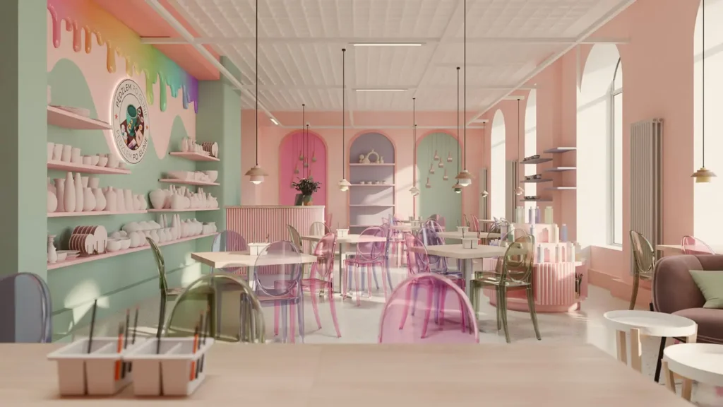 Elegancka strefa jadalna w kolorowej restauracji: przezroczyste fioletowe i różowe krzesła przy jasnych stolikach – projekt wnętrza Łódź.