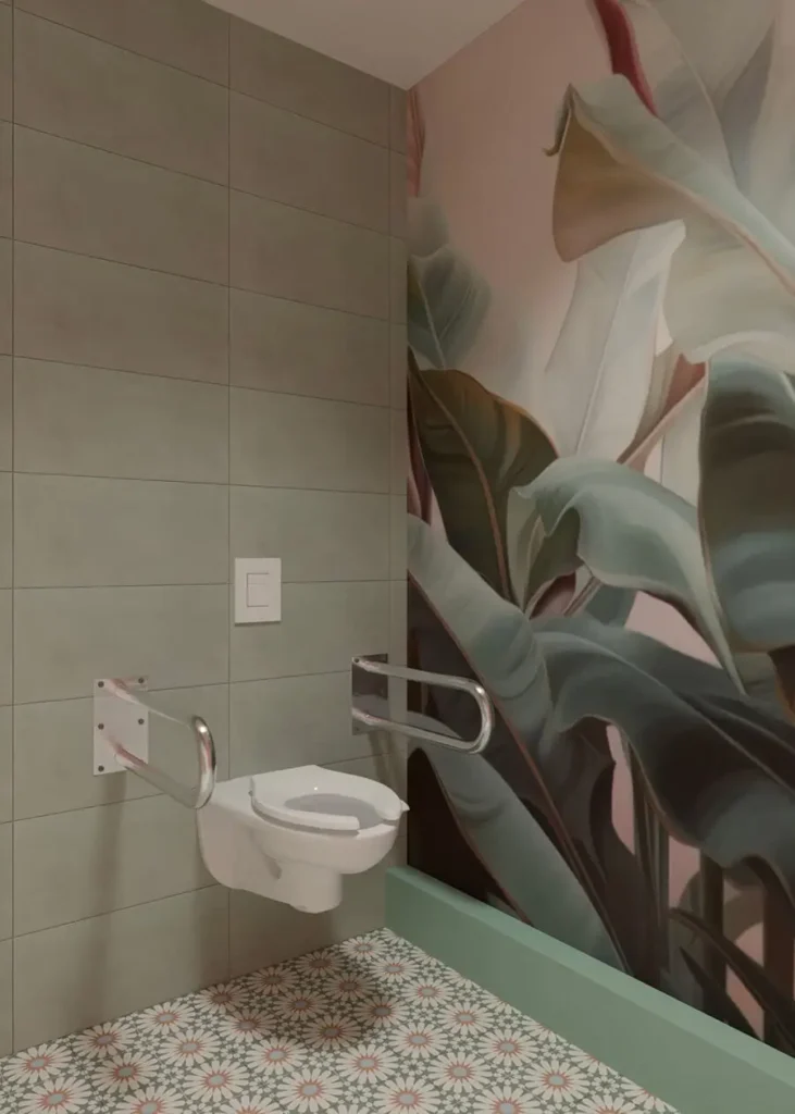 Kolorowe wnętrze komercyjnej restauracji: detal przezroczystych krzeseł i drewnianych stołów na tle falistej ściany w odcieniu terracotta.