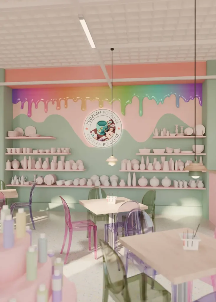 Pastelowe wnętrze restauracji z falistymi ścianami w kolorze pudrowego różu i mięty – realizacja projektu komercyjnego w Łodzi.