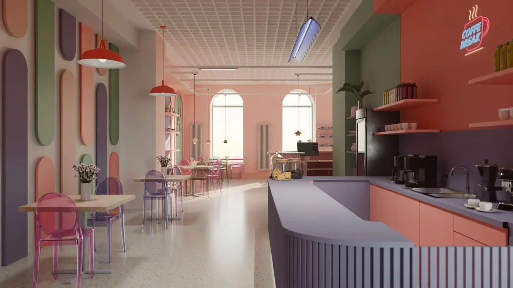 Komercyjny projekt wnętrza restauracji w Łodzi – widok na ladę z frezowanego różowego drewna i kolorowy mural z tęczą na ścianie.