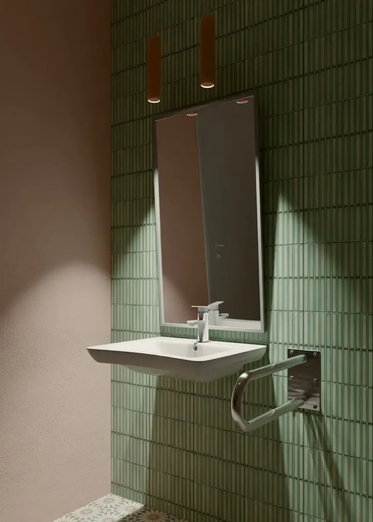 Projekt wnętrza restauracji pastelowej w Łodzi – widok na jadalnię z wiszącymi lampami i ścianami w geometrycznych łukach.