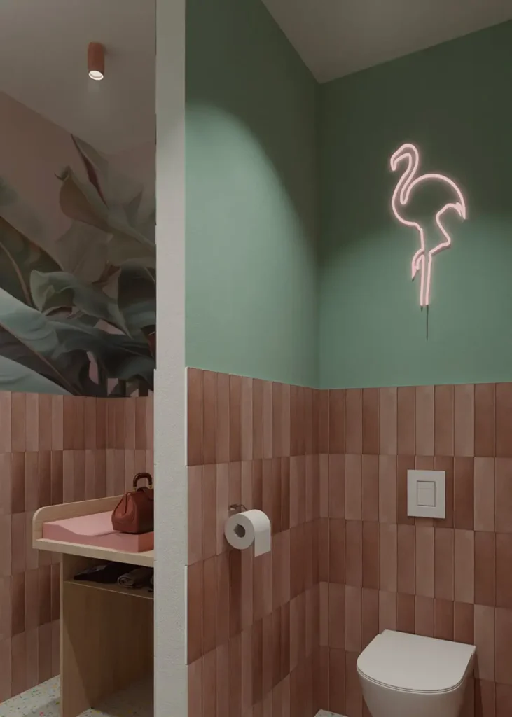 Radosne, pastelowe wnętrze kawiarni/restauracji z transparentnymi krzesłami Ghost i podwieszanymi lampami w kształcie kapelusza – projekt Łódź.