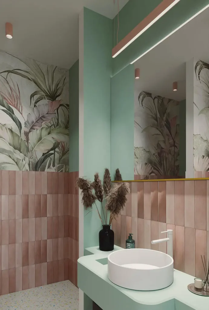 Nowoczesna sala restauracyjna w Łodzi z zielono-różowymi ścianami, łukowymi nisza-mi i otwartym układem stolików – komercyjny projekt wnętrz.