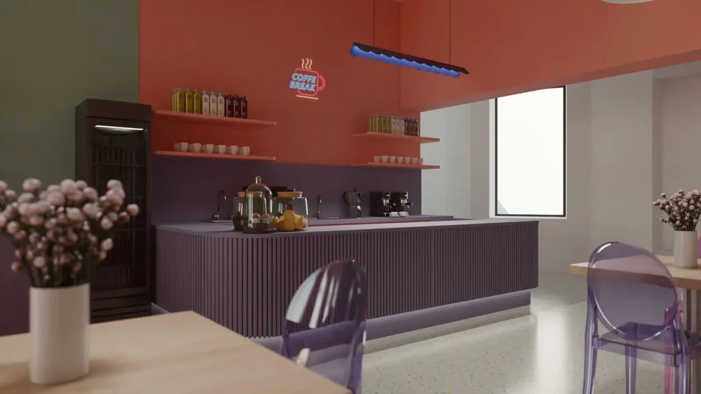 Różowo-zielone wnętrze gastronomiczne z transparentnymi krzesłami i dekoracyjną ścianą z falistymi panelami – komercyjna realizacja w Łodzi.