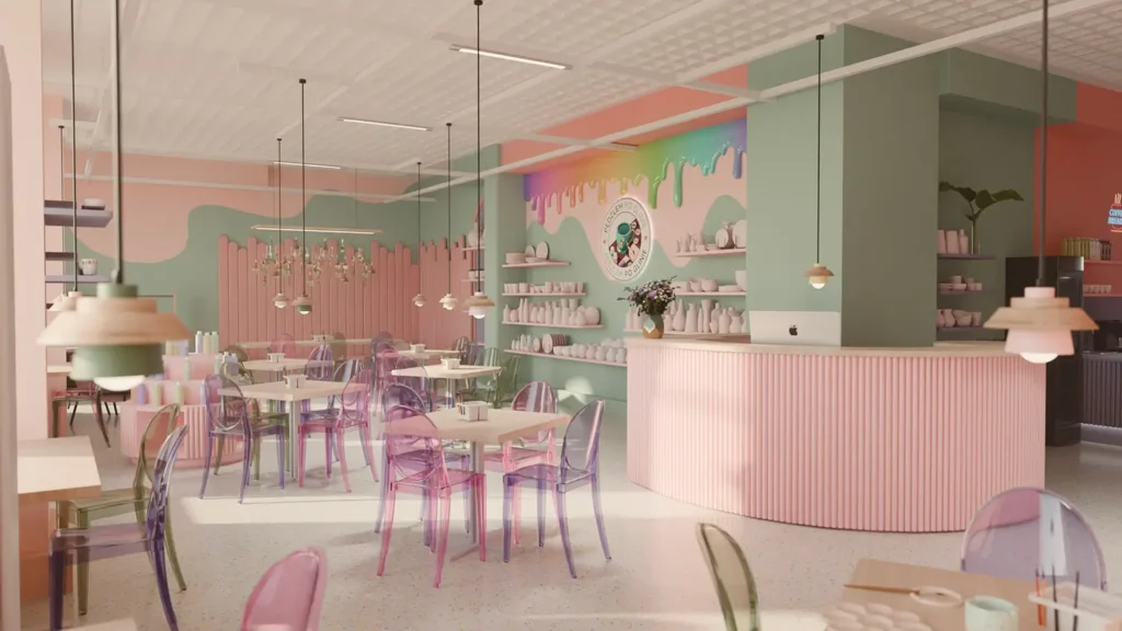 Przytulna i energetyczna przestrzeń restauracji w Łodzi z dużą ladą barową, półkami na ceramikę i neonowym akcentem – projekt komercyjny. Pędzlem po glinie