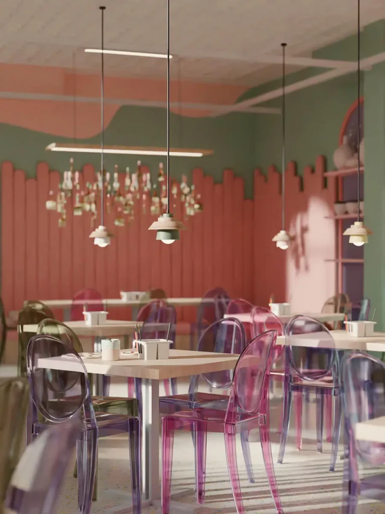 Nowoczesne, kolorowe wnętrze restauracji casual dining w Łodzi: mieszanka pudrowego różu, mięty i przezroczystych mebli.